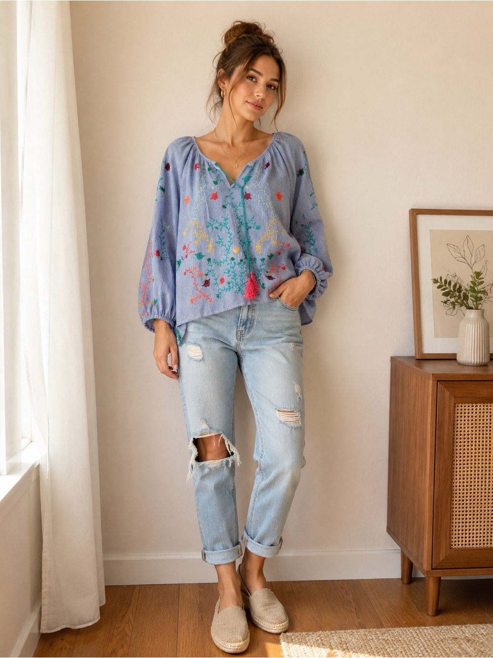Lovestitch Embroidered Boho Peasant Top Medium Blue Stripe Floral Tassel Blouse